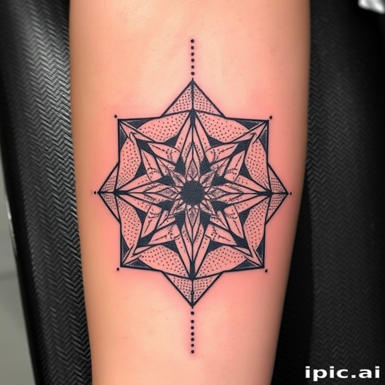 Geometric stipple tattoo, "Quantum Tessellation," combining precise dot work with clean geometric shapes to create a three-dimensional illusion, incorporating sacred geometry patterns and gradients formed by varying dot density