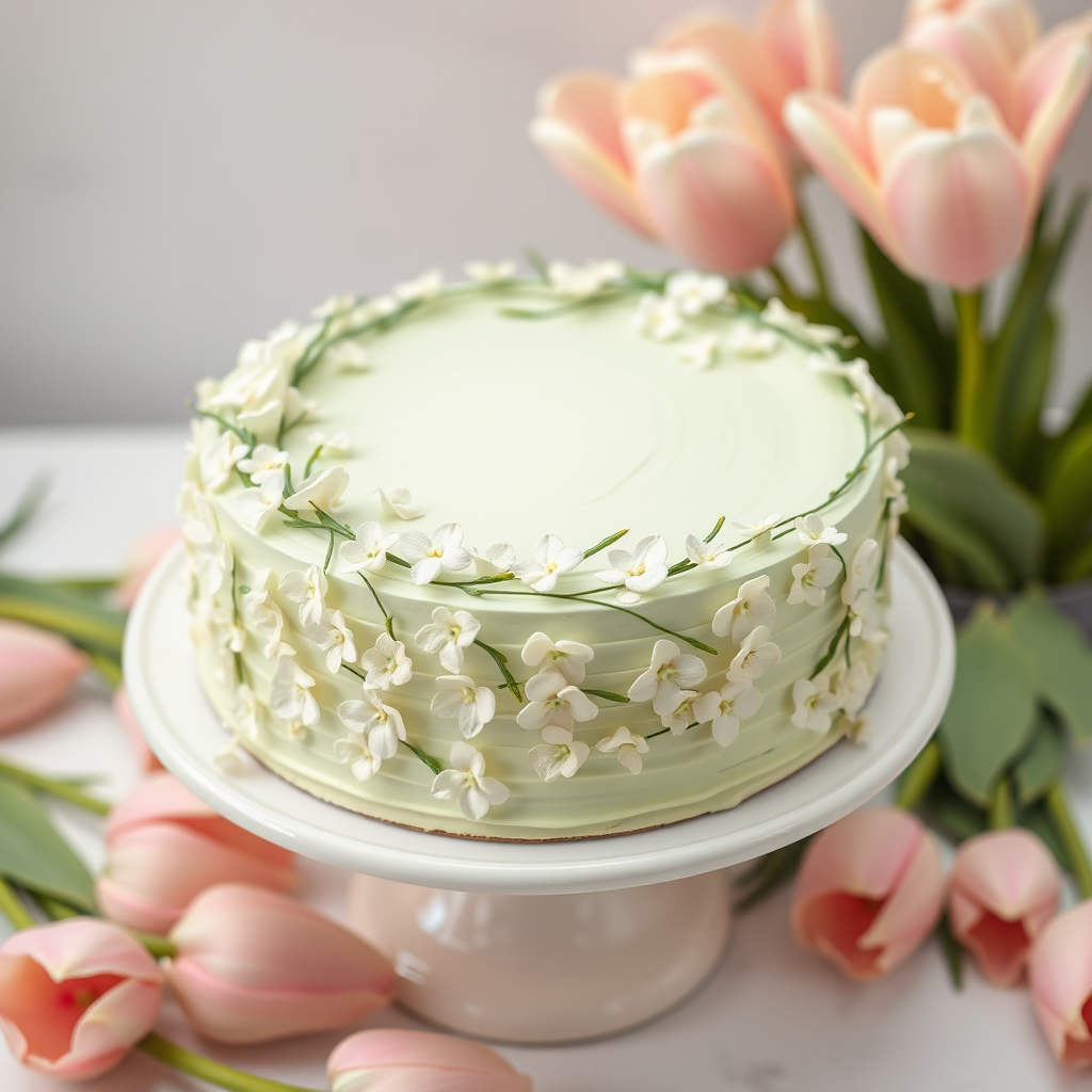 A beautifully decorated cake with a light green frosting covered in delicate white flowers and green stems arranged in a charming floral design on a white cake stand surrounded by soft pink tulips in the background.