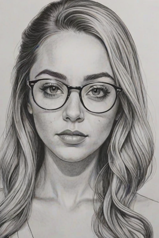 Resplendent Brandi Cyrus, pencil sketch, portrait of Gorgeous woman 1960s in glasses, hair style beatnik, outline, clear lines, fine lines, 8k