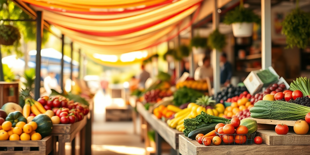 Soft-focus image of a farmer's market in the morning, with vibrant fruits and vegetables arranged on wooden tables, soft sunlight filtering through colorful awnings.