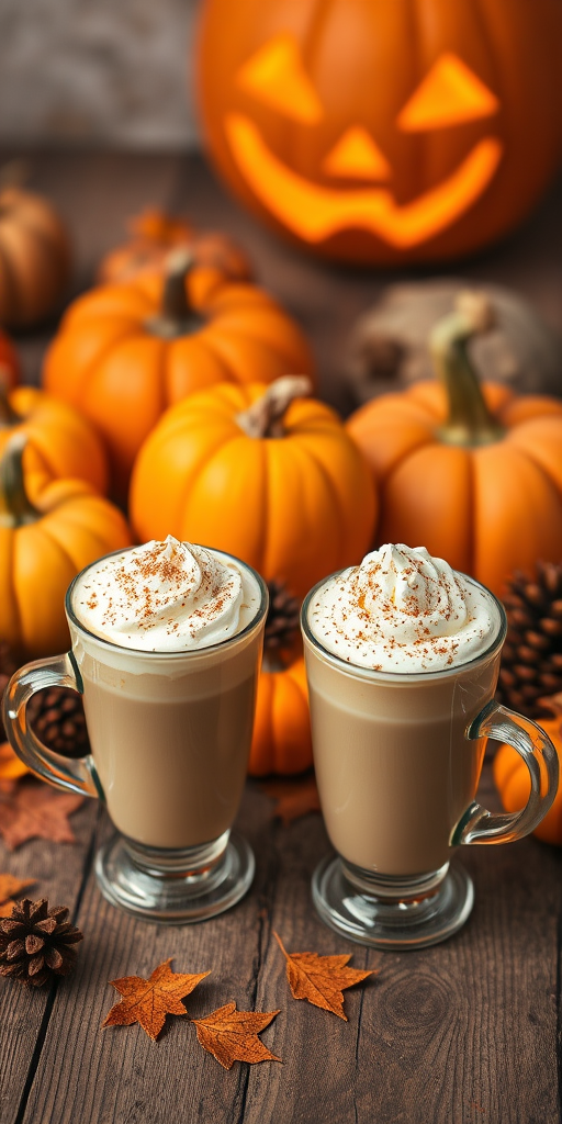 Create an autumn scene featuring two cups of creamy coffee drinks topped with whipped cream and sprinkled with cinnamon placed on a rustic wooden table surrounded by various pumpkins in shades of orange and cream a carved jack-o-lantern glowing softly in the background along with pine cones and autumn leaves for a cozy seasonal atmosphere.