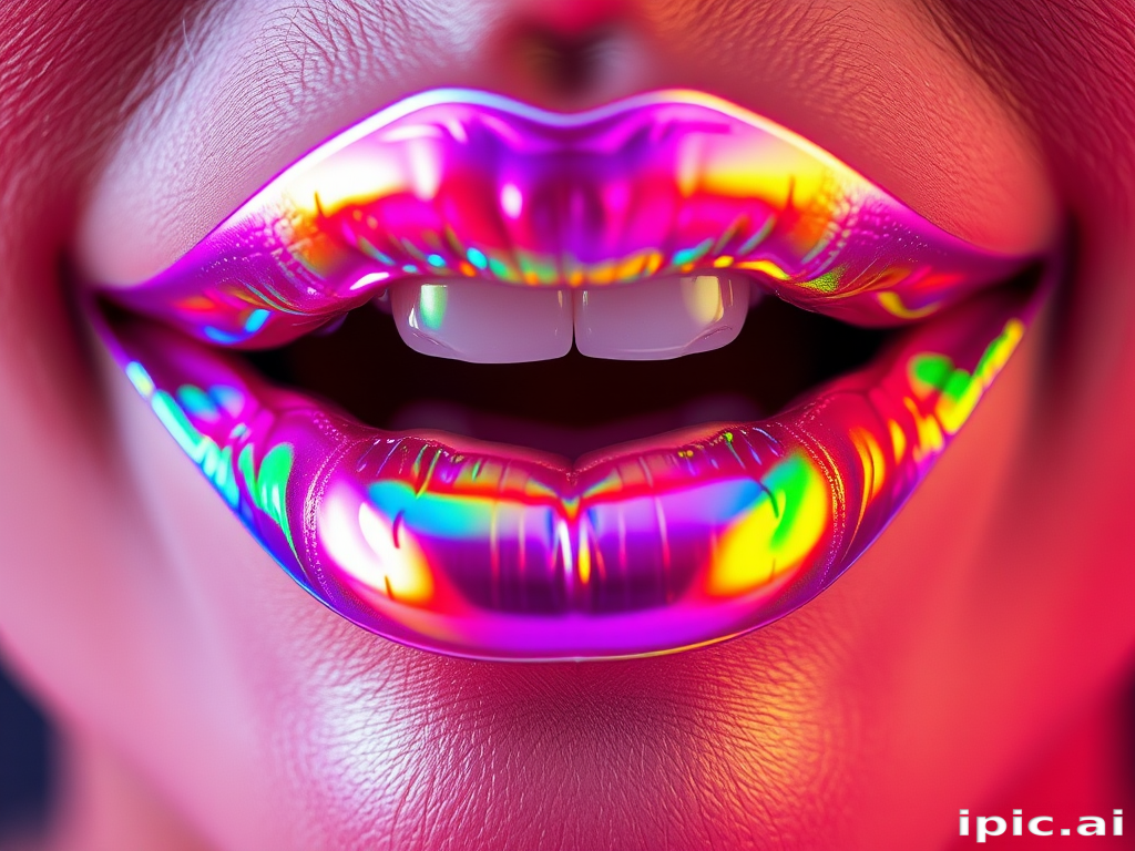 Holographic rainbow lips shifting colors as light moves across them, creating a mesmerizing, otherworldly effect that's both playful and avant-garde