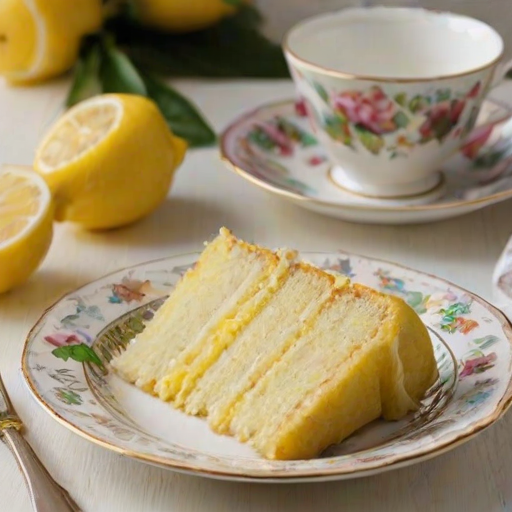 Create an image of a slice of lemon cake on a decorative plate with floral patterns. The cake should have a light, moist texture and be garnished with thin strips of lemon zest. Include a fork resting on the plate and a cup of tea in the background, with a soft, inviting table setting.