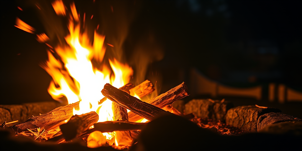 Create a high-resolution image of a campfire at night, using a DSLR camera with a 50mm lens, f/1.8 aperture, ISO 800, shutter speed 1/60 sec, capturing a close-up view of the flames and glowing embers for enhanced detail and warmth.
