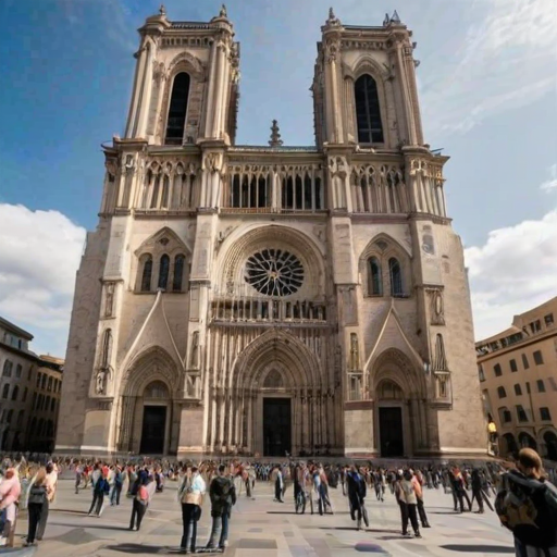 Majestic cathedral towering over a bustling square, its stone facade weathered by time, and tourists snapping photos from below.