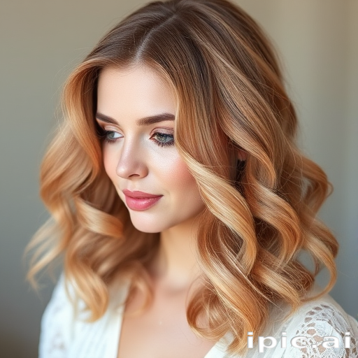 Romantic rose gold hair in loose vintage-inspired curls, designed by Blush Petal, showcasing a soft, feminine look with delicate pearl accents and subtle champagne blonde highlights