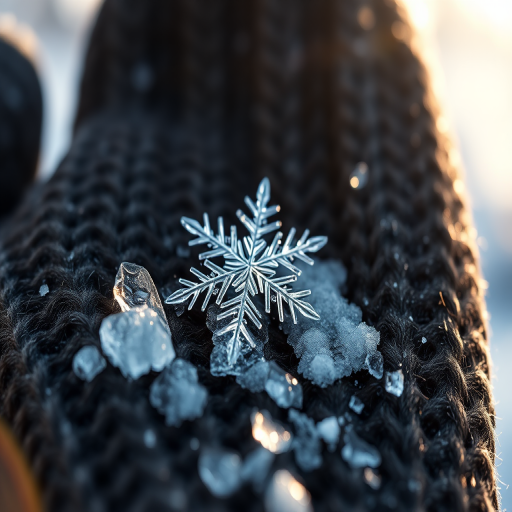 High-resolution close-up of a snowflake melting on the surface of a warm, woolen mitten, soft sunlight highlighting the intricate crystal structure, with faint breath visible in the cold air.