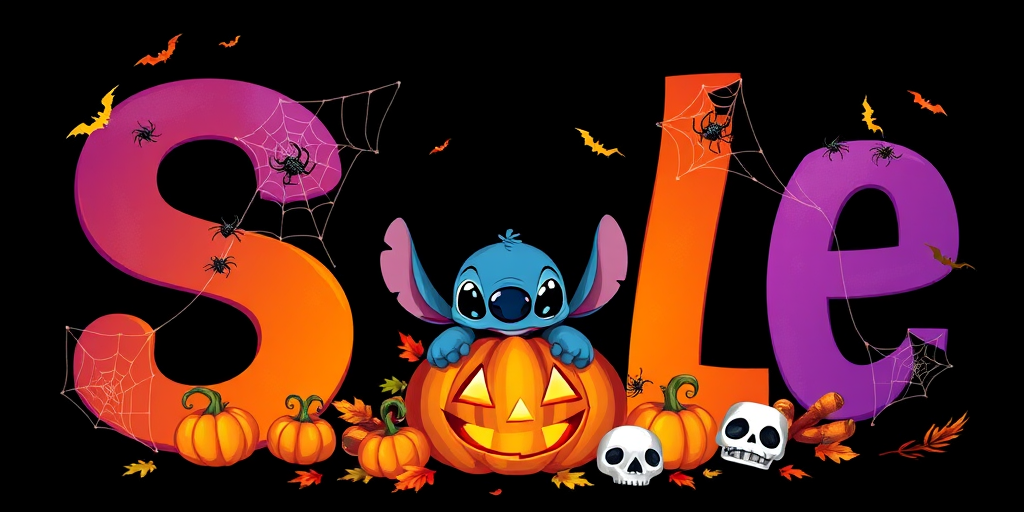 A whimsical and vibrant Halloween-themed digital illustration featuring the letter "S" adorned with spider webs, small bats, and cute spiders. At the base of the letter, a playful alien character similar to Stitch is peeking out from inside a carved pumpkin with glowing eyes, surrounded by additional pumpkins, a small skull, and autumn leaves. The letter is gradient-colored from orange to purple, adding a magical atmosphere to the scene, black background