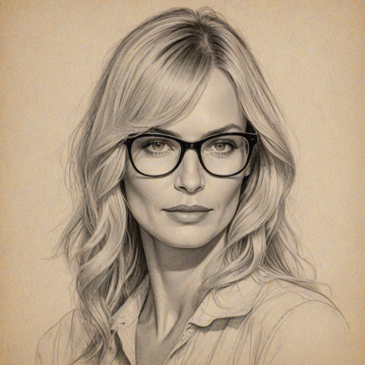 Radiant Daryl Hannah, pencil sketch, portrait of Sublime woman 1926s in glasses, hair style beatnik, outline, clear lines, fine lines, 8k