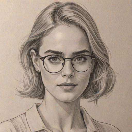 Beauteous Emily Wickersham, pencil sketch, portrait of Magnificent woman 1937s in glasses, hair style beatnik, outline, clear lines, fine lines, 8k