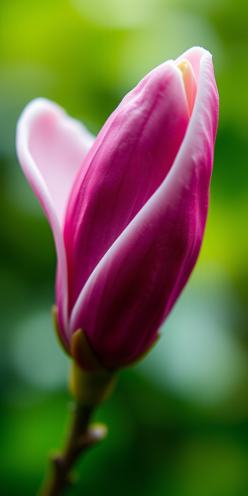 macro shot of a magnolia bud with a blurred green background, aperture f/2.8, shutter speed 1/200 sec, ISO 100, 100mm lens, taken with a DSLR, top-down view for enhanced detail and lighting.