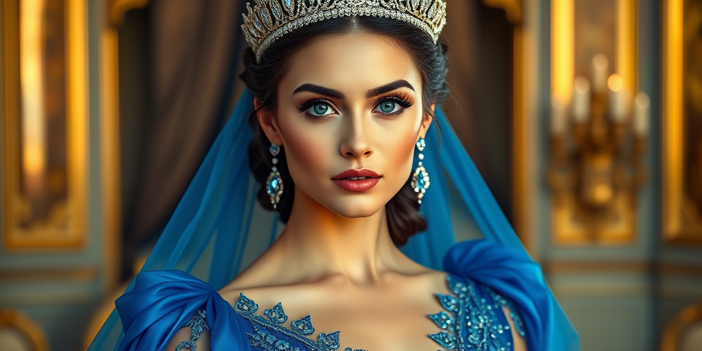 A gorgeous Georgian woman in a luxurious blue gown, accessorized with a dazzling tiara and statement earrings, her deep blue eyes highlighted by impeccable makeup, poised in a royal setting, photorealistic, 8K quality