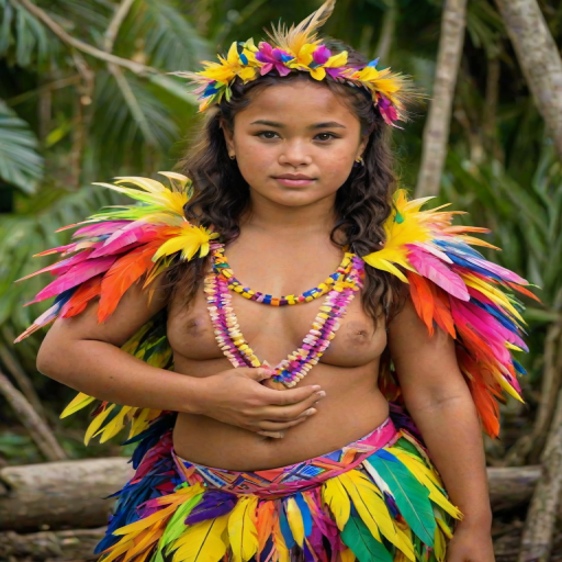A beautiful Samoan girl, wearing colorful bird clothing with vibrant colors