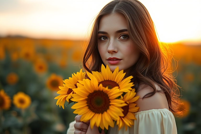 Capture a portrait of a woman holding a bouquet of sunflowers in a field during golden hour, using a Canon EOS R6 camera, 50mm lens, f/1.8 aperture, 1/200 shutter speed, ISO 100, with a shallow depth of field to highlight the subject against a softly blurred background.