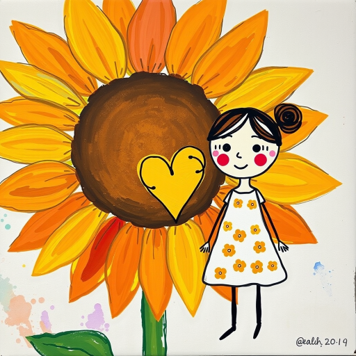 Stylized impressionism painting of a large sunflower with an oversized center and colorful petals. Beside, a young female character with eyes represented by dots and a mouth by a line, pink cheeks, hair attached, arms and legs a black line, flowery white dress triangle shape. A yellow heart surrounded by a black line between the two. Textured background with touches of colorful paint. Childish style.