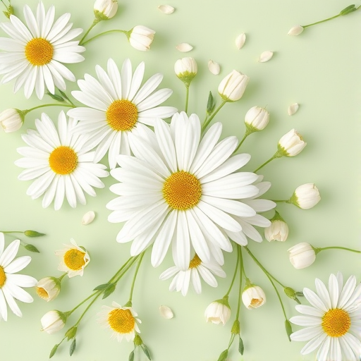 Create a high-resolution floral pattern featuring white daisies and buds on a soft green background, using a DSLR camera with a 50mm lens, aperture f/2.8, ISO 100, and a top-down view for enhanced detail and clarity.