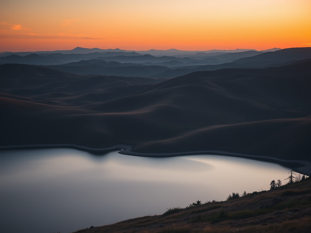 Create an image of a serene landscape with rolling hills and a tranquil lake at sunset, captured with a DSLR camera, 50mm lens, aperture f/2.8, ISO 100, 1/60s shutter speed, wide-angle view for an expansive scene.
