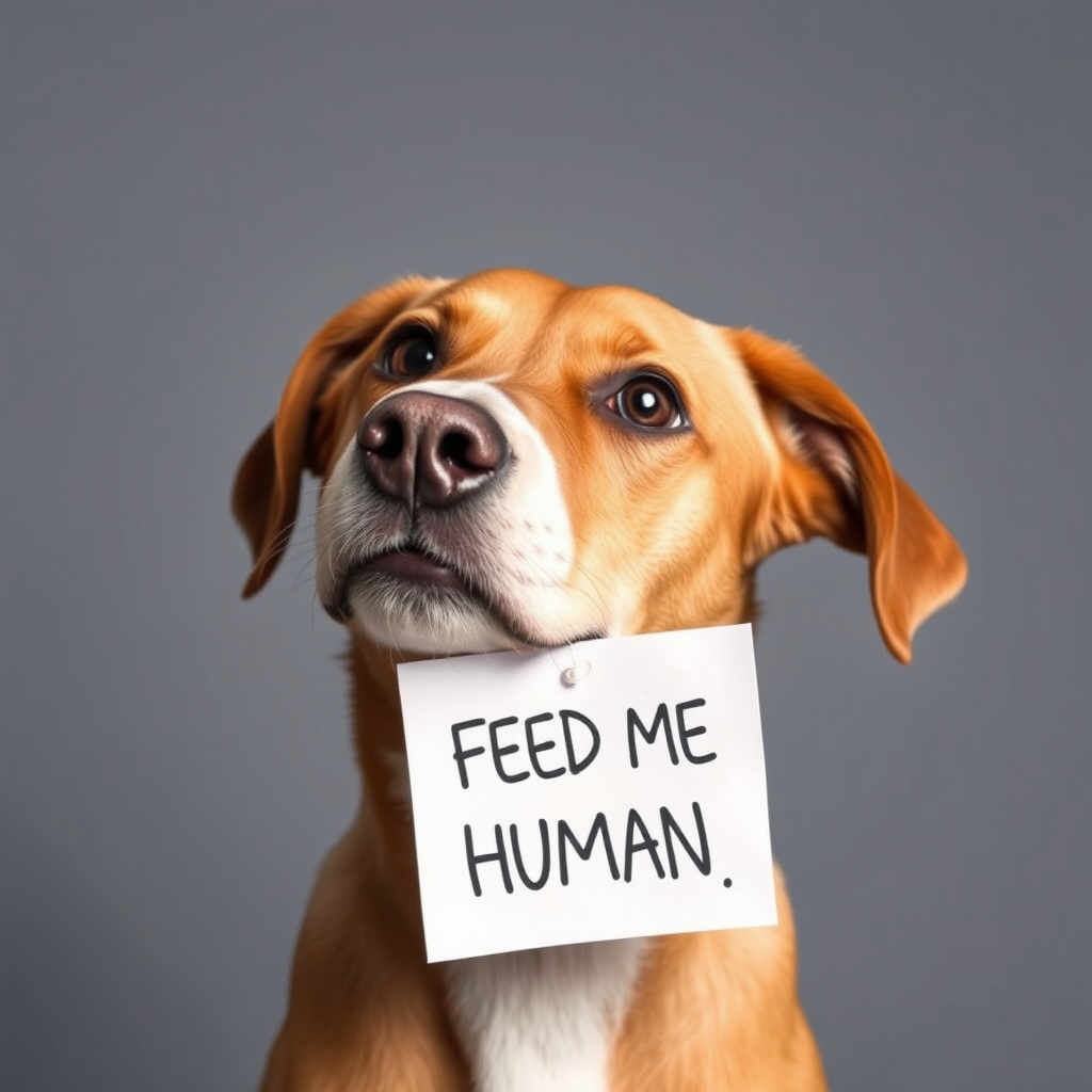 dog holding a note which says "FEED ME HUMAN"