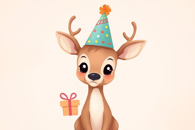 Create a cute illustration of a cartoon deer wearing a festive birthday hat and a small gift on its back, using a soft pastel color palette, high-resolution, with a DSLR camera, 50mm lens, f/2.8 aperture, natural light, and a shallow depth of field for a soft background.