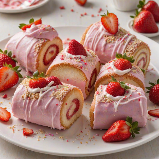 Generate an image of a dessert featuring pink rolled cake with cream filling, topped with fresh strawberries and a sprinkling of crumbs. The rolls should be arranged neatly on a white plate, showcasing their vibrant color and creamy texture.
