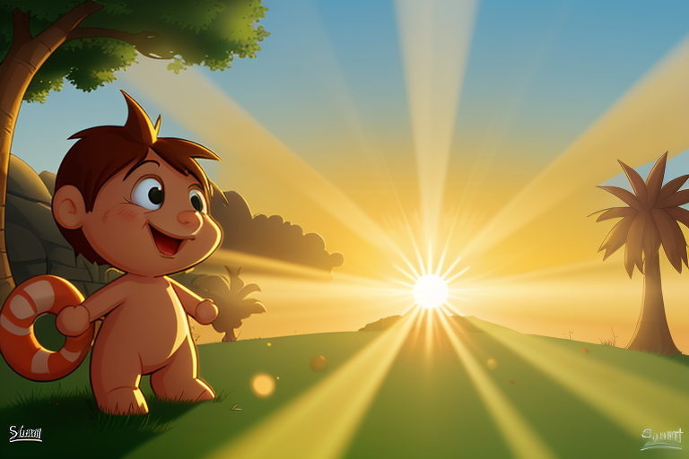 A Joyful Child Watching the Sunrise on a Beautiful Tropical Morning