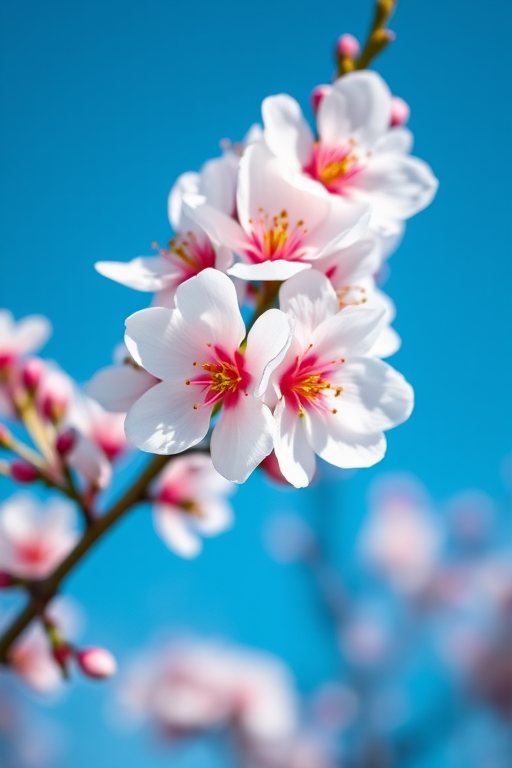 Close-up of cherry blossom flowers against a clear blue sky, aperture f/2.8, shutter speed 1/500s, ISO 100, macro lens, natural light, DSLR camera.