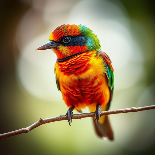 captivating close-up of a colorful bird perched on a branch, soft focus background, natural lighting, ISO 100, f/2.8, 50mm lens, DSLR camera, shallow depth of field