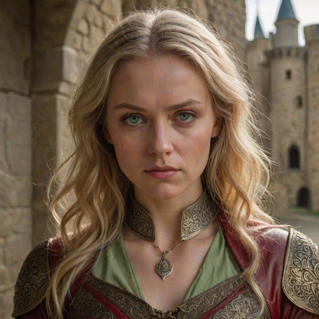 Woman with blonde hair, serious look, very light green-yellow eyes, warm side light, metallic pendant, very ornamental red leather clothes, medieval castle interior background