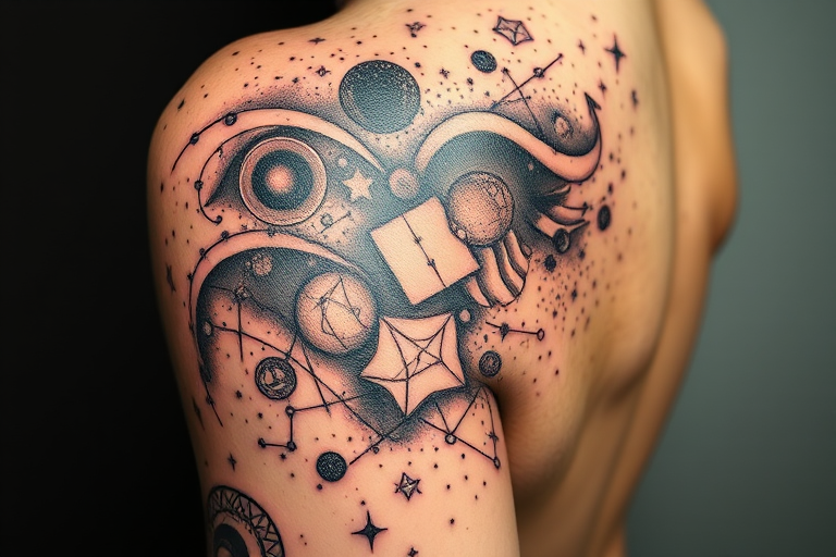 Dotwork tattoo called "Celestial Tapestry" using thousands of tiny dots to create intricate patterns and shading depicting constellations galaxies and cosmic phenomena
