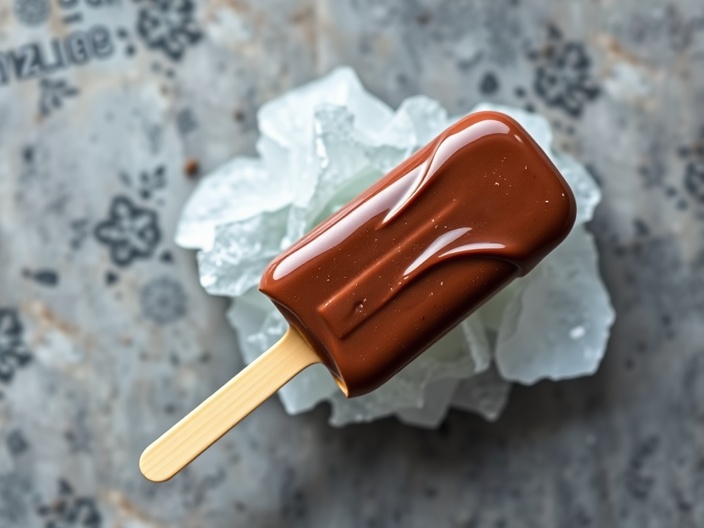 Create a high-resolution image of a glossy chocolate ice cream bar on a stick, captured with a DSLR camera at f/2.8 aperture, 50mm lens, natural lighting, and a top-down view for enhanced detail and clarity.