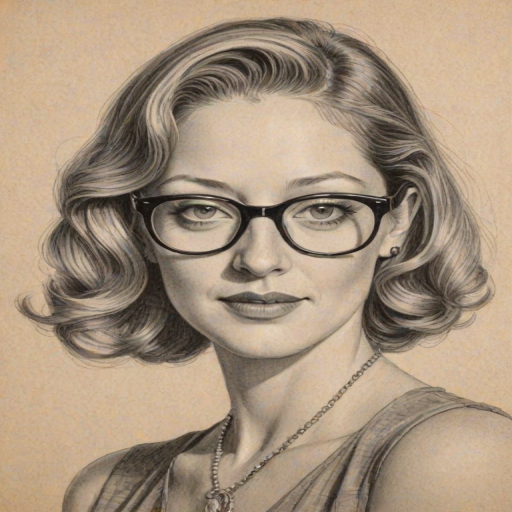 Fascinating Judy Greer, pencil sketch, portrait of Beauteous woman 1930s in glasses, hair style beatnik, outline, clear lines, fine lines, 8k