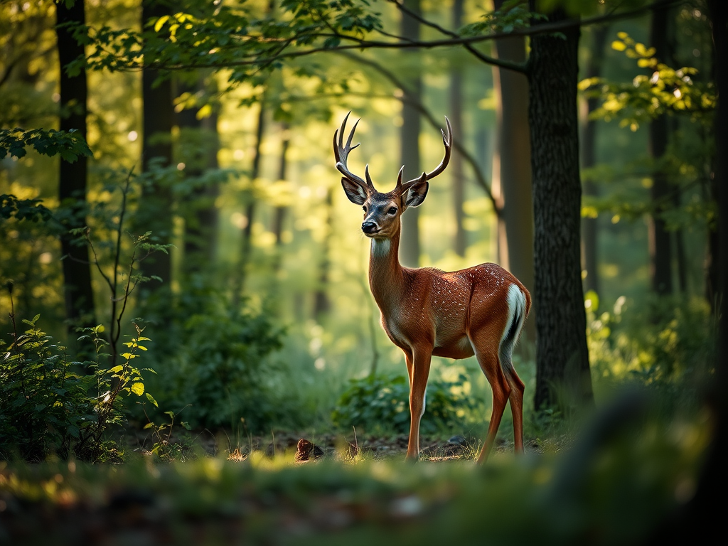 Capture a serene scene of a deer standing gracefully in a lush green forest with soft sunlight filtering through the trees, using a Canon EOS R5, 85mm lens, f/2.8 aperture, ISO 100, shooting in portrait orientation, focus mode set to single-point AF for enhanced detail.