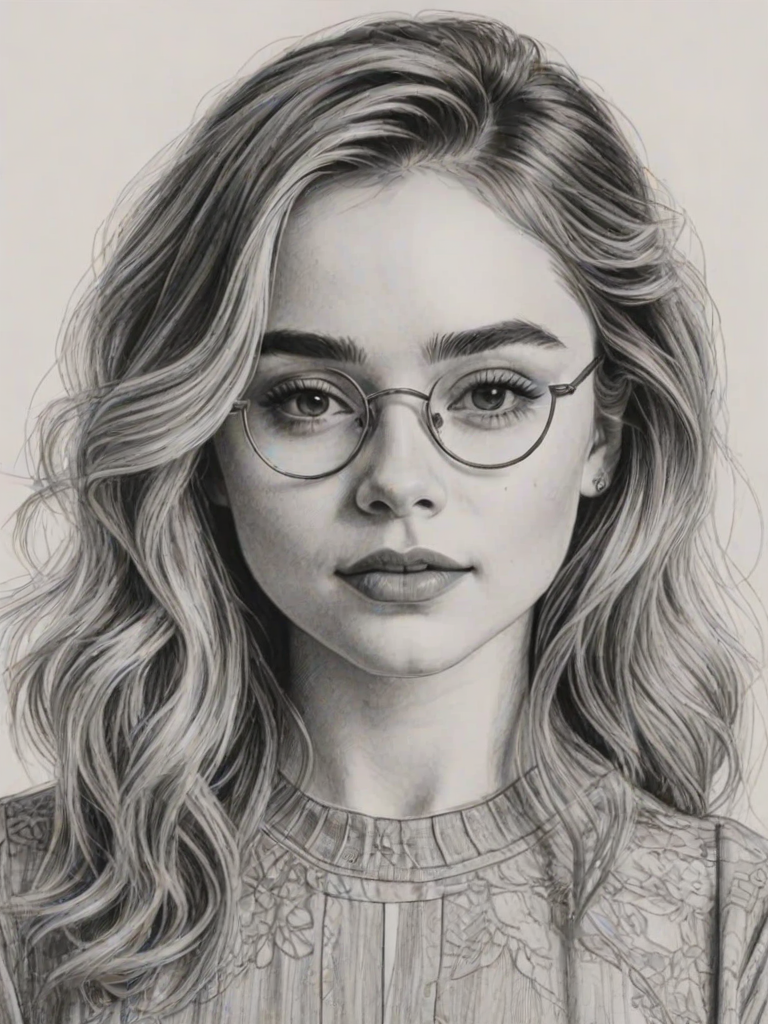 Enticing Sabrina Carpenter, pencil sketch, portrait of Stunning woman 1924s in glasses, hair style beatnik, outline, clear lines, fine lines, 8k