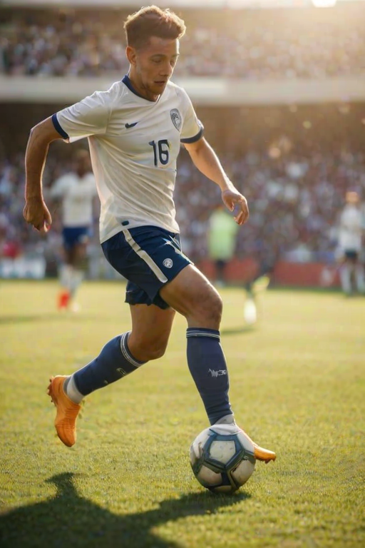Blurry action shot of a soccer player mid-kick during a game, with soft sunlight filtering through the stadium and a cheering crowd softly blurred in the background.