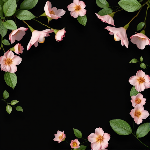 Regenerate a floral border design featuring soft pink flowers and green leaves against a black background, using a DSLR camera with a 50mm lens, aperture set to f/2.8, ISO 100, with a top-down view and a shallow depth of field for enhanced image quality.