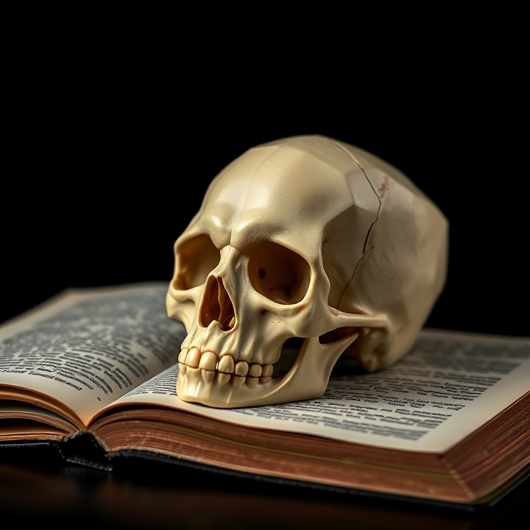 A realistic low-poly skull resting on an open book, sharply lit against a dark background, captured with a Canon EOS R5, 50mm f/1.8 lens, aperture f/2.8, ISO 100, 1/160 sec shutter speed, soft focus for depth, and a slight vignette effect for drama.