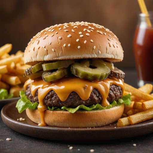 High-resolution, close-up image of a gourmet double cheeseburger. The burger features a glossy, sesame-seed-topped brioche bun. Inside, there are two thick, juicy beef patties, each topped with melted cheddar cheese. The burger is garnished with fresh lettuce, tomato slices, diced onions, and pickles. A generous amount of ketchup and a creamy, orange-colored sauce is dripping down the sides, adding to the mouth-watering appeal. In the background, there are blurred elements including a side of golden French fries and a hint of a beverage, enhancing the overall presentation of a delicious meal.
