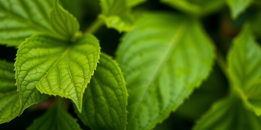 Close-up of vibrant green leaves with detailed textures and veins, shot with a DSLR camera at f/2.8, 100mm lens, ISO 200, natural light, shallow depth of field, soft bokeh background.