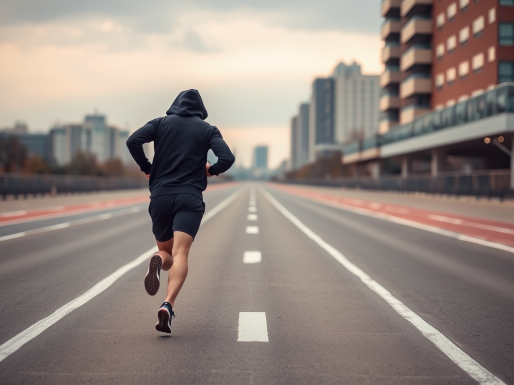 A runner in a black hoodie and shorts runs along an empty runway in an urban setting, captured with a DSLR camera at f/2.8, 50mm lens, ISO 100, with a wide-angle view and soft focus background to enhance image quality.