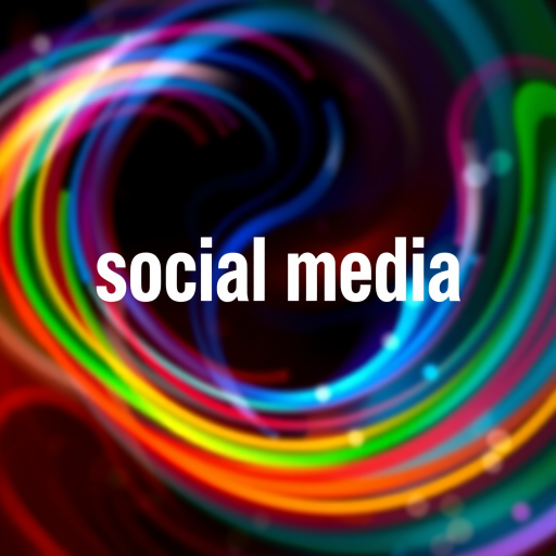 Create an abstract digital art piece featuring the words social media in the center with vibrant swirling colors of red, blue, green, and yellow, capturing a sense of movement and connection, using a high-resolution camera settings of 300 DPI, wide-angle lens, shot from a top-down view, and a digital art style with smooth gradients and soft bokeh effects.
