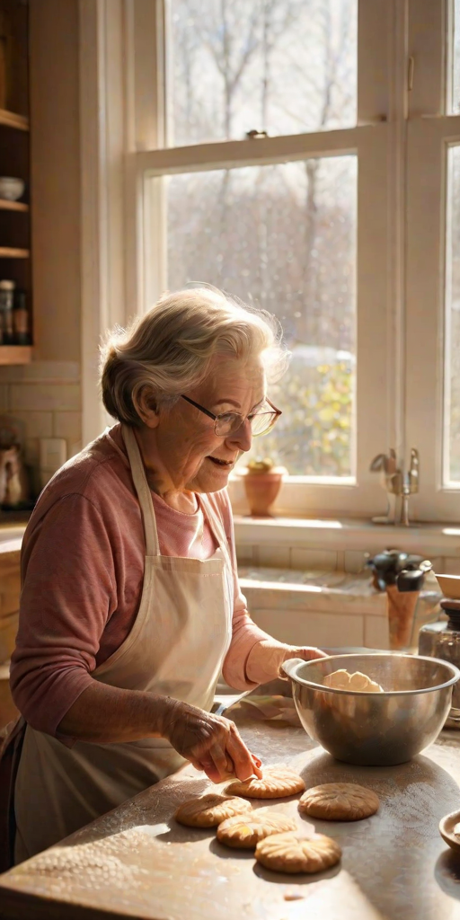 High-resolution, warm image of a grandmother and grandchild baking cookies together in a sunlit kitchen, flour dusting the countertops, soft light streaming through the window, the smell of freshly baked cookies filling the air, a warm, nostalgic atmosphere captured.