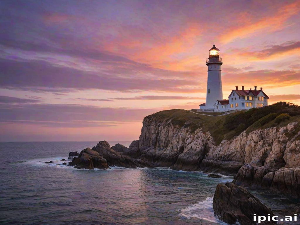 Generate an image of a tall lighthouse perched on a rocky outcrop surrounded by calm ocean waters during a breathtaking sunset. The lighthouse stands sturdy and weathered, its stone surface illuminated by the warm golden light of the setting sun. The sun's rays pass directly through the glass lantern room at the top of the lighthouse, casting a brilliant light across the scene. The sky is painted with vibrant shades of orange, pink, and purple, reflecting off the tranquil sea. The surrounding water shimmers with the same warm hues, creating a serene and majestic atmosphere.