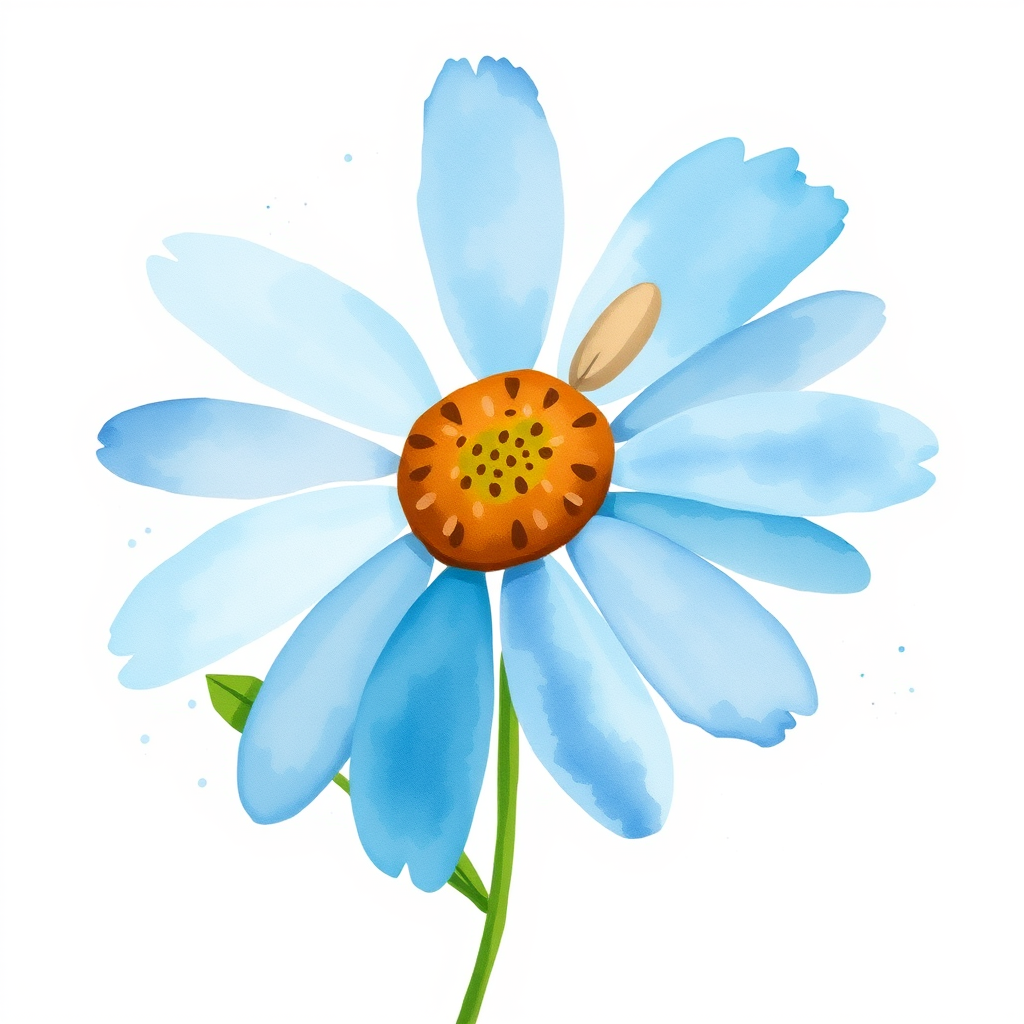 A single blue daisy flower in a loose, whimsical watercolor style. The petals are unevenly spread, with soft blue and brown tones. The stem is thin and slightly curved, with two green leaves, while watercolor splatters create an organic, artistic effect around the flower. The background is light beige with natural watercolor textures and splashes.