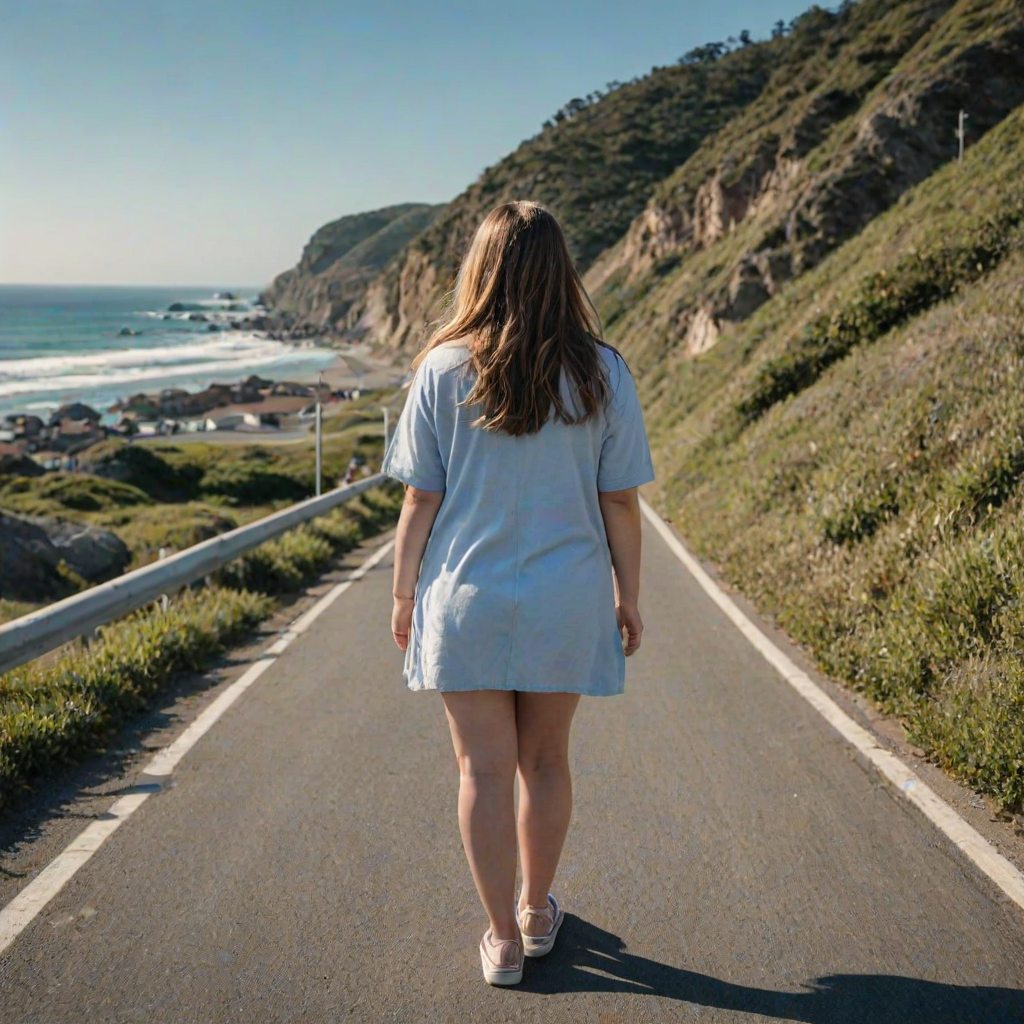Wide-angle shot of a coastal road leading down to a calm blue ocean. A chubby high school girl with long hair, blown gently by the ocean breeze, walks along the road, looking to the viewers with. Enhanced contrast, and a soft focus on the horizon. Use a DSLR camera with a 24mm lens at f/5.6
