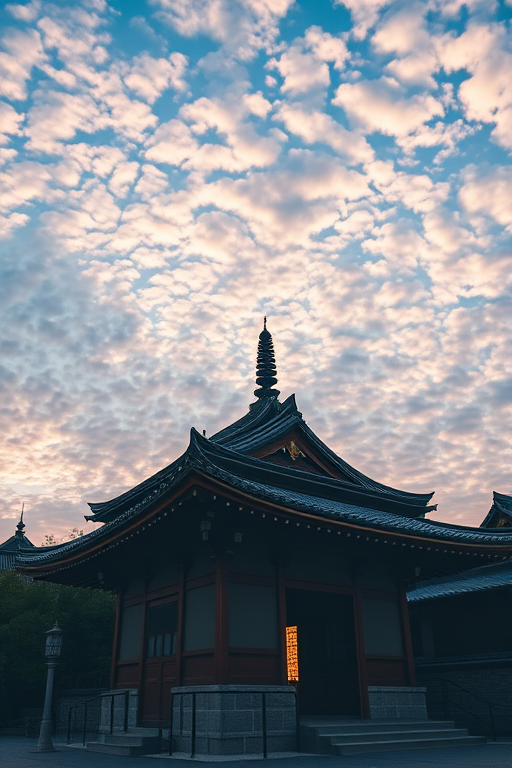 Capture a serene Japanese temple at sunset, with detailed architectural features, using a DSLR camera, ISO 100, aperture f/8, shutter speed 1/200s, wide-angle lens, low angle view, and dramatic cloud textures in the sky for enhanced mood and depth.