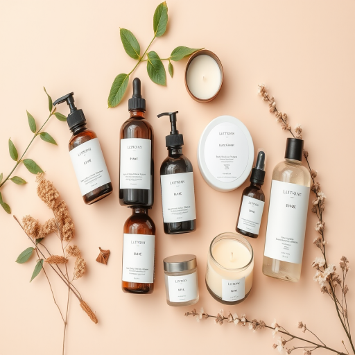 flat lay arrangement of natural beauty products and candles on a beige background, soft natural lighting, aperture f/4, 50mm lens, DSLR camera, high resolution