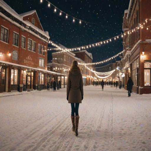 Snow-covered town square at night, string lights twinkling between buildings, a woman walks slowly through the fresh snow, her boots crunching on the frozen ground.