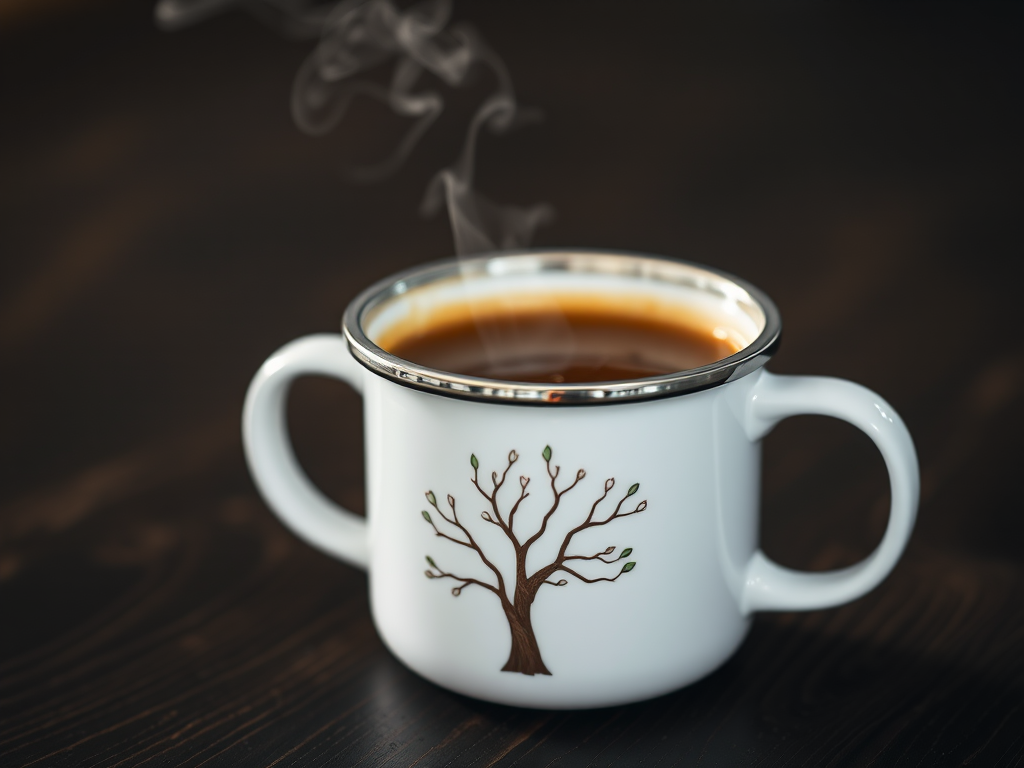 A close-up shot of a steaming white enamel mug with a delicate tree design on a dark wooden surface, captured with a DSLR camera, aperture f/2.8, ISO 100, shutter speed 1/60s, natural light, shallow depth of field.
