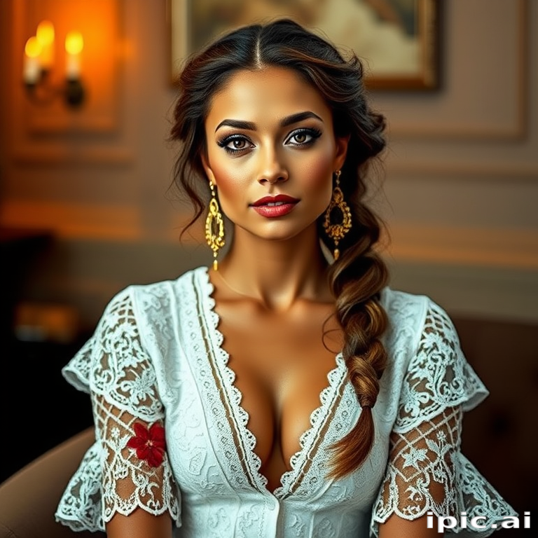 Create a portrait of a refined and elegant woman seated in a sophisticated setting. She has long, wavy hair styled in two thick braids that are pulled over her shoulders. She wears a white, lace gown with intricate patterns, featuring a deep V-neckline and short sleeves. The dress exudes a vintage charm with its delicate lacework. She is adorned with ornate, dangling earrings that add a touch of glamour to her appearance. The background is softly lit, with warm, ambient lighting that creates a cozy and inviting atmosphere. Her expression is poised and serene, capturing a sense of grace and elegance.