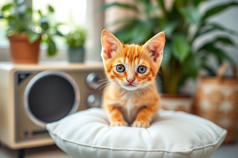 Generate an image of a cute orange tabby kitten sitting on a white cushion with a curious expression its ears perked up in a cozy indoor setting with a vintage radio and greenery in the background.